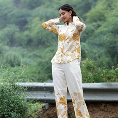 Women Beige Cotton Floral Printed Shirt & Wide Leg Trouser Co-Ord Set | Casual Botanical Print Co-Ord