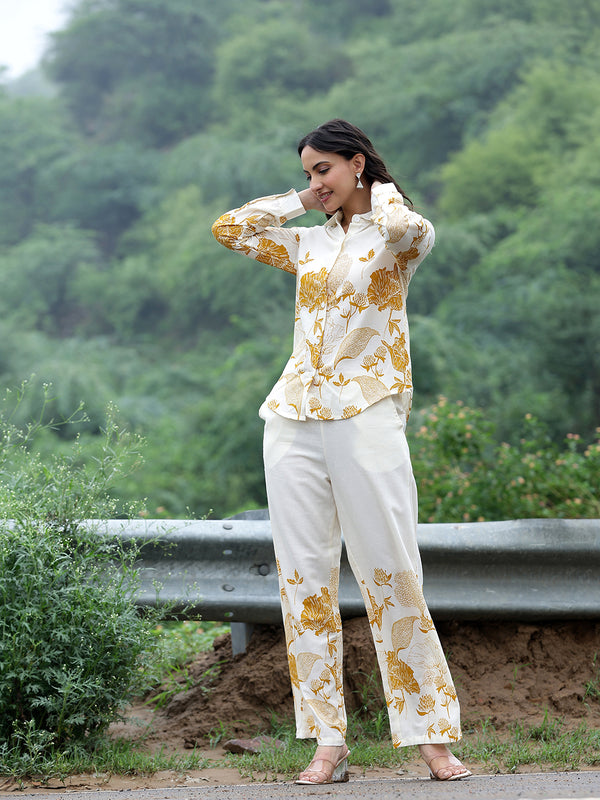 Women Beige Cotton Floral Printed Shirt & Wide Leg Trouser Co-Ord Set | Casual Botanical Print Co-Ord