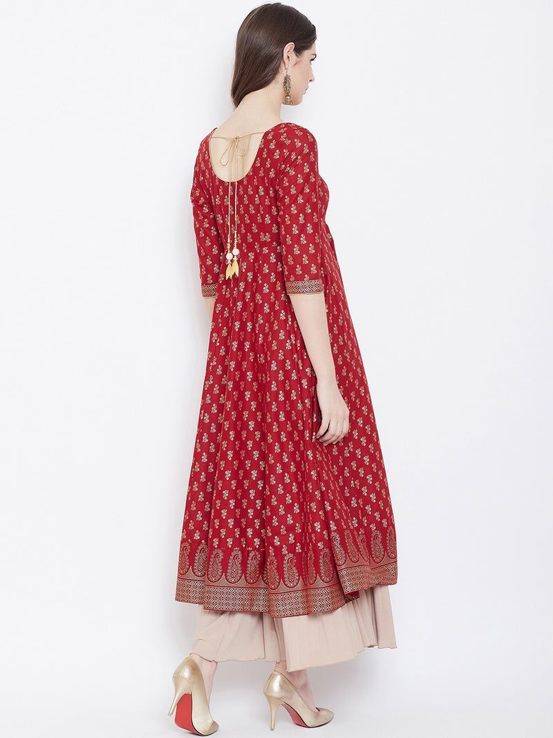 Poshak Hub Women Red Cotton Golden Printed Anarkali Kurta.