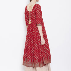 Poshak Hub Women Red Cotton Golden Printed Anarkali Kurta.
