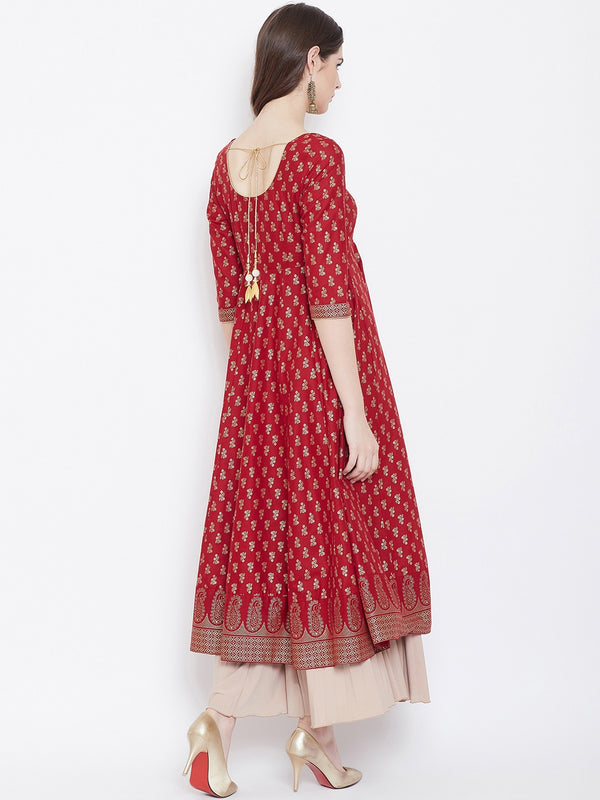 Poshak Hub Women Red Cotton Golden Printed Anarkali Kurta.