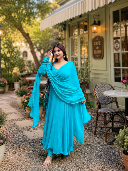 Turquoise Georgette Anarkali Suit Set with Dupatta