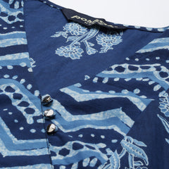 Poshak Hub Women Blue Cotton Printed Front Slit A-Line Kurta with Palazzo