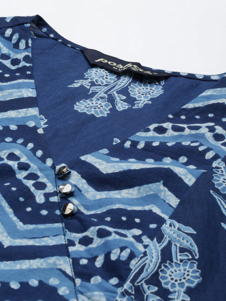 Poshak Hub Women Blue Cotton Printed Front Slit A-Line Kurta with Palazzo