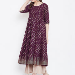 Poshak Hub Women Purple Cotton Golden Printed Anarkali Kurta.