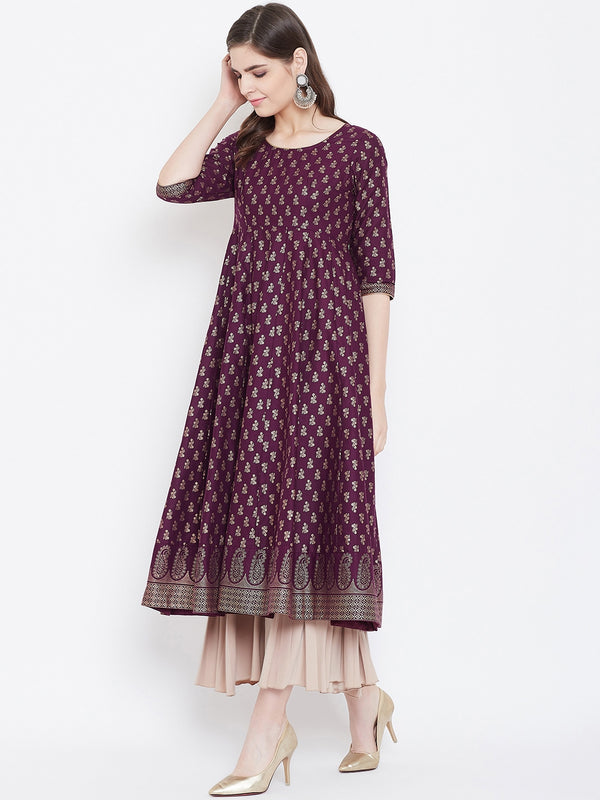 Poshak Hub Women Purple Cotton Golden Printed Anarkali Kurta.