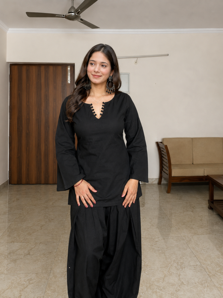 Women's Black Solid Kurta & Farshi Salwar Set