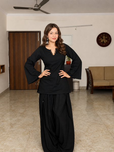 Women's Black Solid Kurta & Farshi Salwar Set