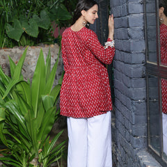 Women Red Ethnic Printed V-Neck Flared Tunic