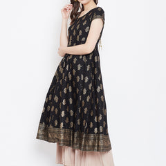 Poshak Hub Women Black Cotton Golden Printed Anarkali Kurta.