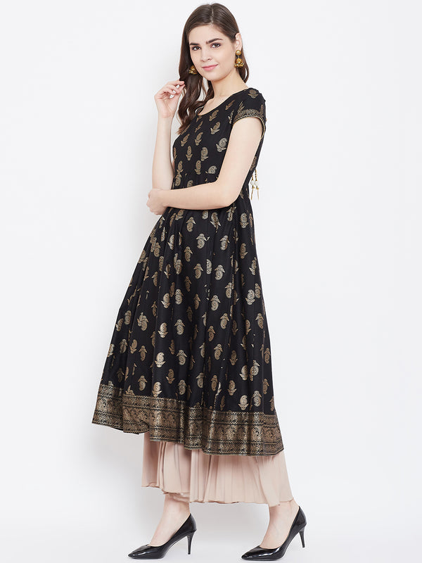 Poshak Hub Women Black Cotton Golden Printed Anarkali Kurta.
