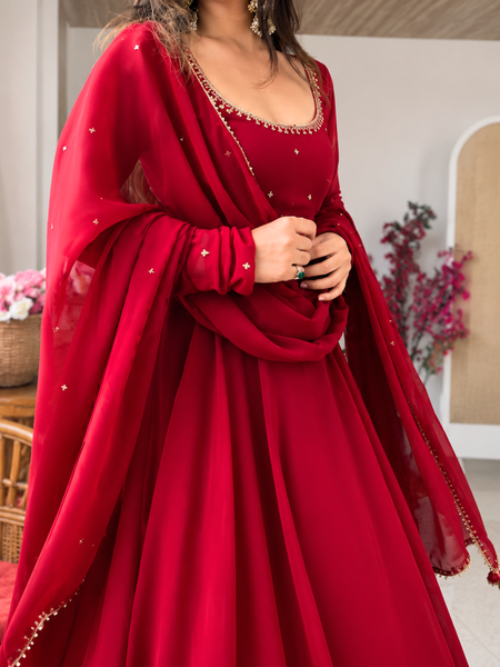 Ruby Maroon Embellished Anarkali Suit Set for Women