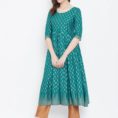 Poshak Hub Women Turquoise Cotton Golden Printed Anarkali Kurta.