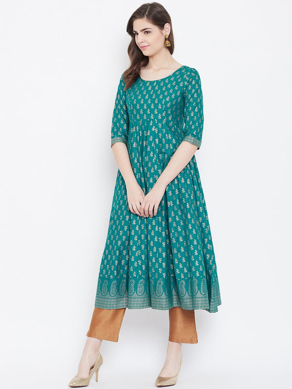 Poshak Hub Women Turquoise Cotton Golden Printed Anarkali Kurta.