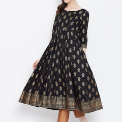 Poshak Hub Women Black Cotton Golden Printed Anarkali Kurta.