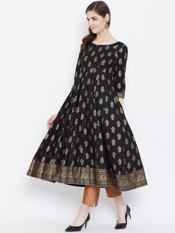 Poshak Hub Women Black Cotton Golden Printed Anarkali Kurta.