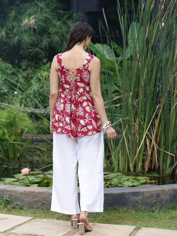 Women Pink Floral Printed Sleeveless Peplum Tunic