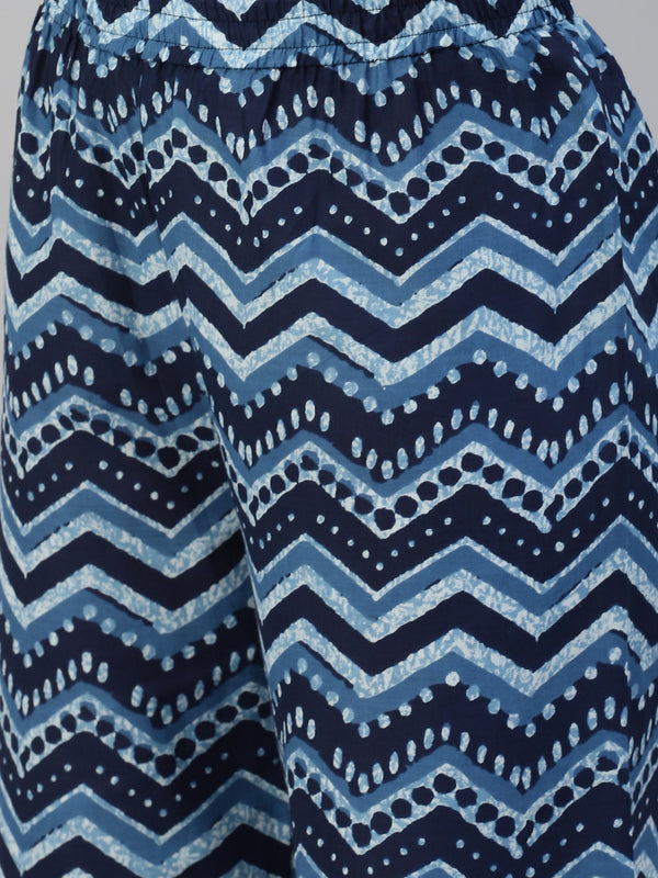 Poshak Hub Women Blue Cotton Printed Front Slit A-Line Kurta with Palazzo