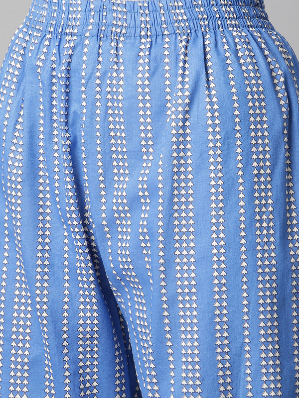 Poshak Hub Women White-Blue Cotton Printed Front Slit A-Line Kurta with Palazzo