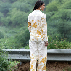 Women Beige Cotton Floral Printed Shirt & Wide Leg Trouser Co-Ord Set | Casual Botanical Print Co-Ord