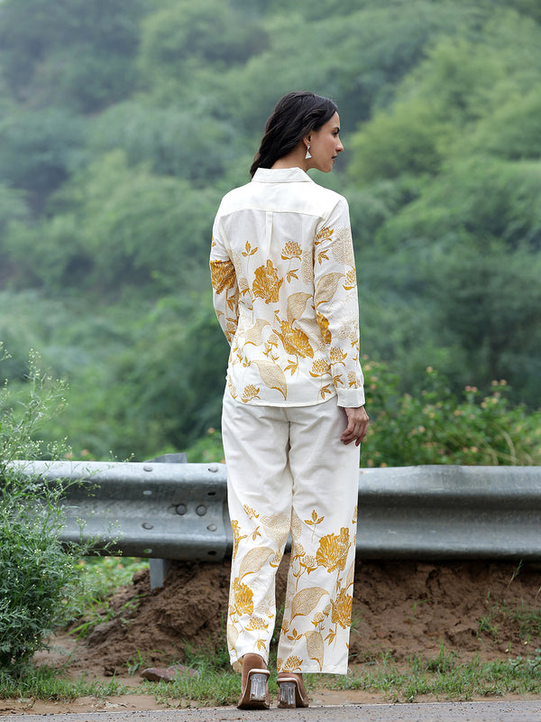 Women Beige Cotton Floral Printed Shirt & Wide Leg Trouser Co-Ord Set | Casual Botanical Print Co-Ord
