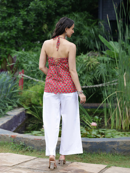 Women Pink Ethnic Printed Halter Neck Tunic