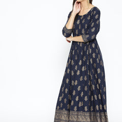 Poshak Hub Women Blue Cotton Golden Printed Anarkali Kurta.