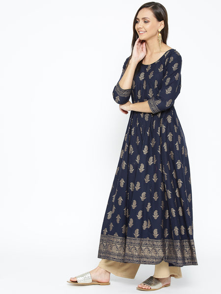 Poshak Hub Women Blue Cotton Golden Printed Anarkali Kurta.