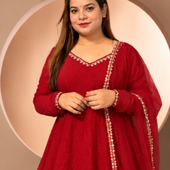 Red Anarkali Suit with Embroidered Neckline & Sheer Embellished Dupatta
