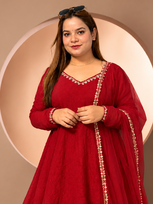Red Anarkali Suit with Embroidered Neckline & Sheer Embellished Dupatta