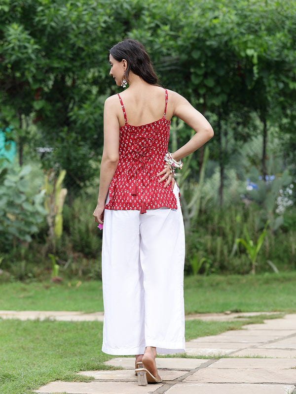 Women Red Ethnic Printed Sleeveless Tunic