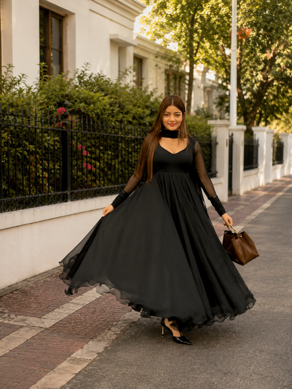 Elegant Black Flared Kurta Set