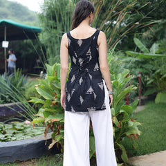 Women Black Geometric Printed Sleeveless Cotton Ethnic Top