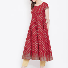 Poshak Hub Women Red Cotton Golden Printed Anarkali Kurta.