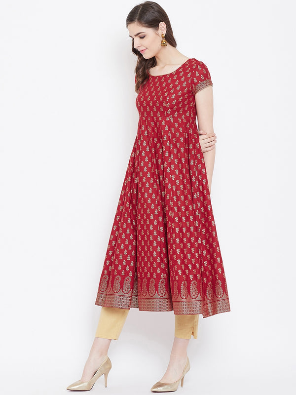 Poshak Hub Women Red Cotton Golden Printed Anarkali Kurta.