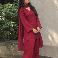Maroon Straight Kurta Palazzo Set with Sheer Dupatta