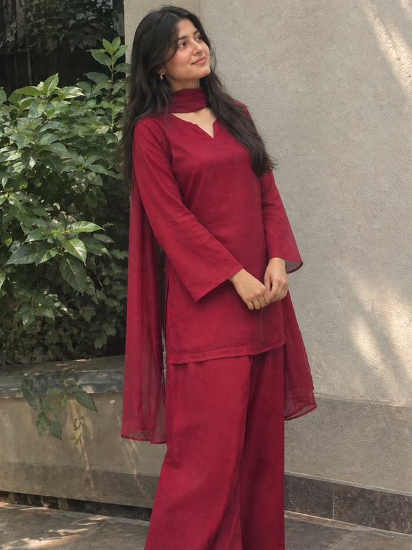 Maroon Straight Kurta Palazzo Set with Sheer Dupatta