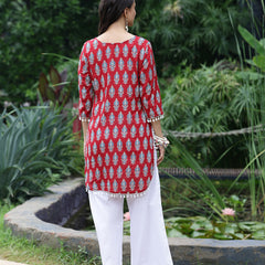 Women Red Ethnic Printed Three-Quarter Sleeve Straight Tunic