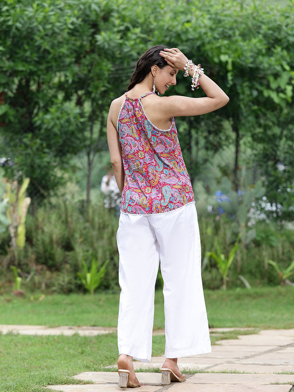 Women Pink Paisley Printed Sleeveless Shoulder Strap Tunic