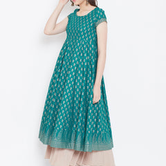 Poshak Hub Women Turquoise Cotton Golden Printed Anarkali Kurta.