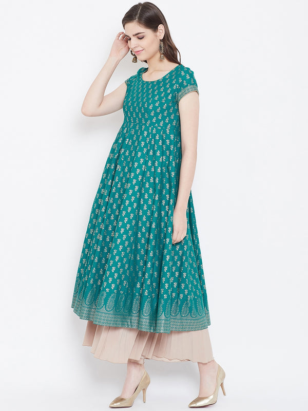 Poshak Hub Women Turquoise Cotton Golden Printed Anarkali Kurta.