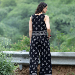 Women Black Rayon Ethnic Printed Sleeveless Top & Wide Leg Trouser Co-Ord Set | Casual Printed Co-Ord