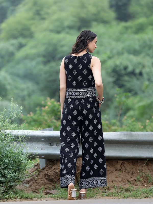 Women Black Rayon Ethnic Printed Sleeveless Top & Wide Leg Trouser Co-Ord Set | Casual Printed Co-Ord