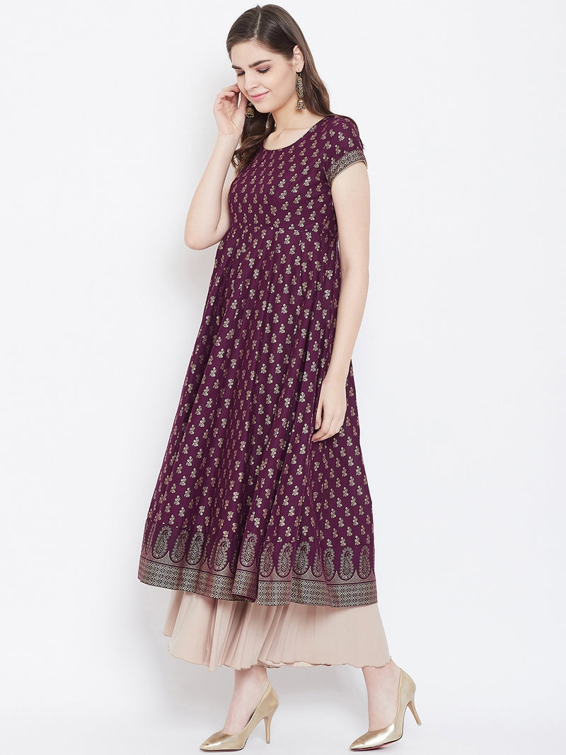 Poshak Hub Women Purple Cotton Golden Printed Anarkali Kurta.