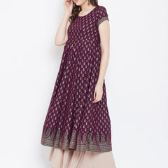 Poshak Hub Women Purple Cotton Golden Printed Anarkali Kurta.