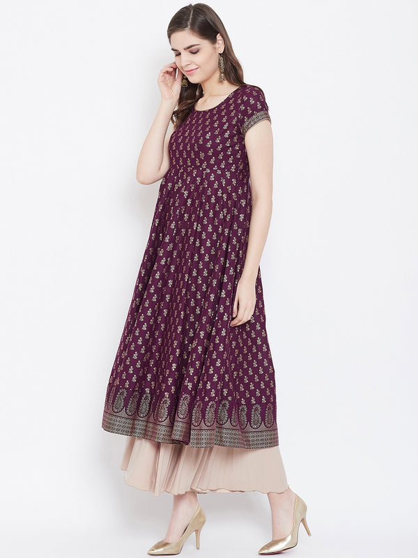 Poshak Hub Women Purple Cotton Golden Printed Anarkali Kurta.