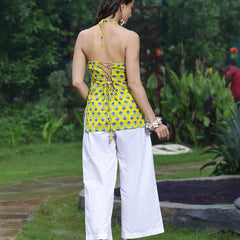 Women Yellow Ethnic Printed Halter Neck Tunic