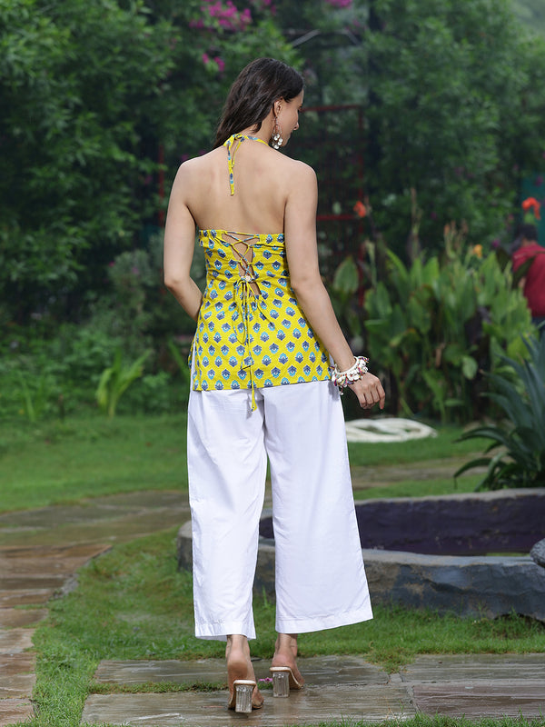 Women Yellow Ethnic Printed Halter Neck Tunic