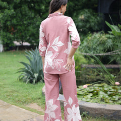 Women Pink Floral Printed Cotton Shirt & Wide Leg Trouser Co-Ord Set