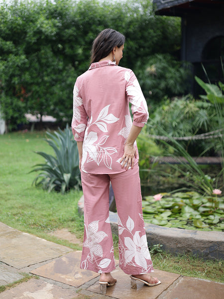 Women Pink Floral Printed Cotton Shirt & Wide Leg Trouser Co-Ord Set